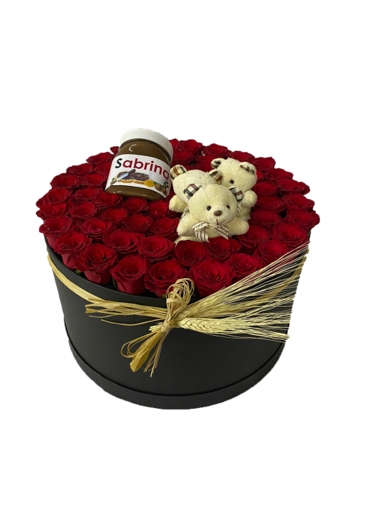 XXL Silindir Kutuda Kırmızı Güller Peluş Ayılar ve Kişiye Özel Nutella