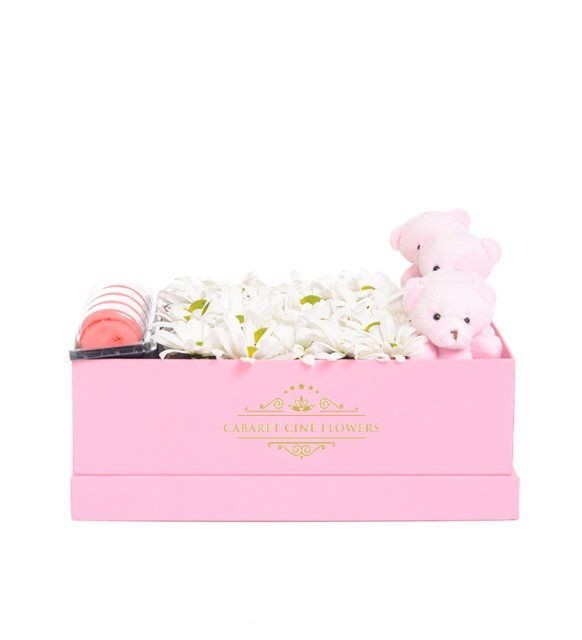 Pembe Kutuda Beyaz Papatyalar Peluş Ayıcıklar Ve Makaronlar