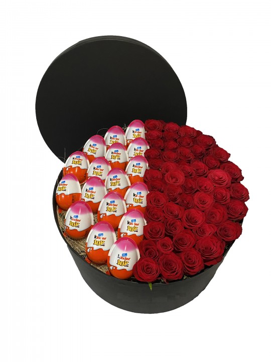 XXL Silindir Kutuda Kırmızı Güller ve Kinder Joy