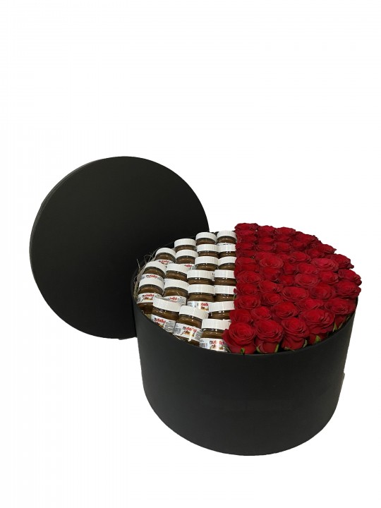 XXL Silindir Kutuda Kırmızı Güller ve Kişiye Özel Nutellalar