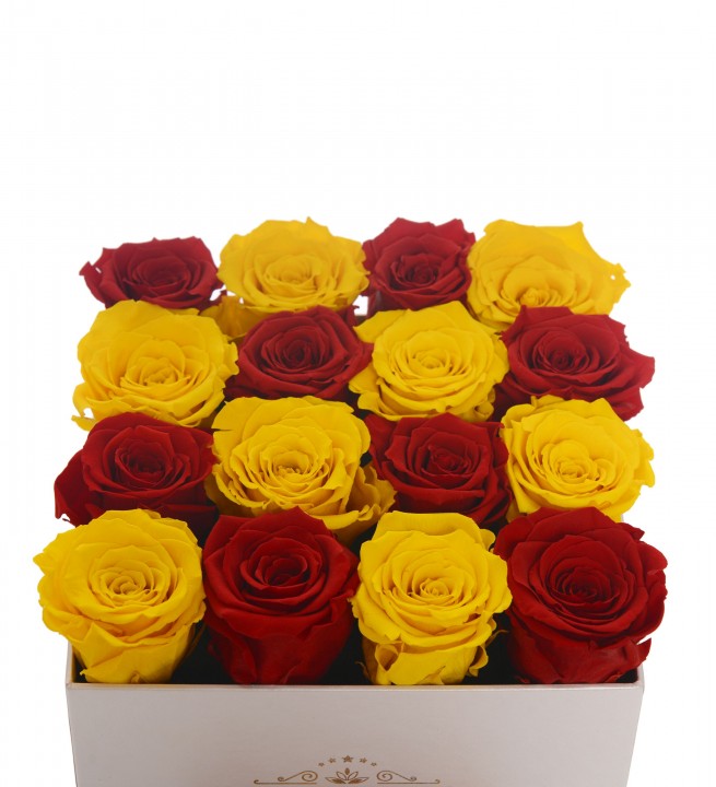 Beyaz Çekmeceli Kutuda Sarı-Kırmızı Solmaz Güller ve Makaron