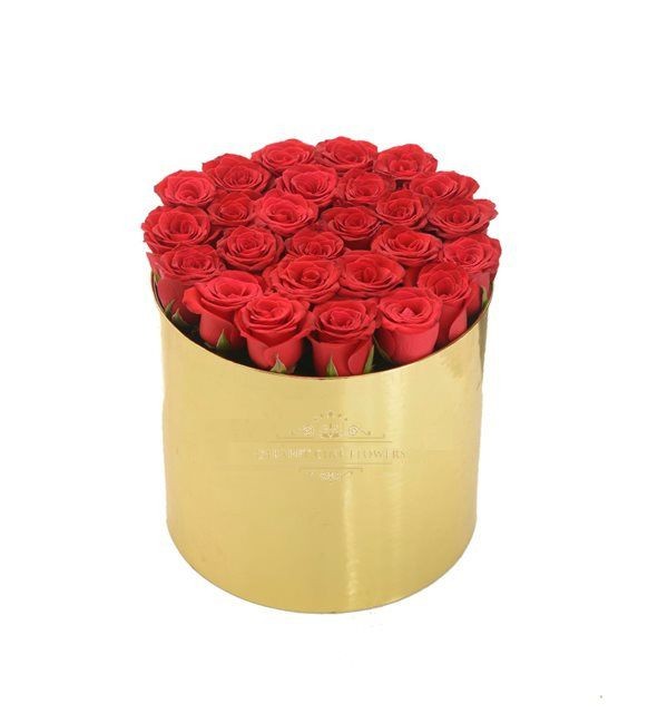 Büyük Boy Gold Silindir Kutuda Kırmızı Güller