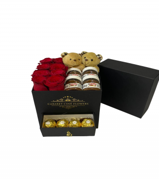 Kare Siyah Kutuda Kırmızı Güller Ferrero Rocher Peluş Ayıcıklar ve Nutella-Çekmeceli Kare Kutuda Çiçek