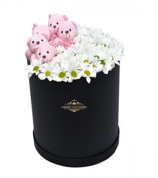 Büyük Siyah Silindir Kutuda Beyaz Papatyalar Ve Sevimli Ayıcıklar-Büyük Silindir Kutuda Çiçek