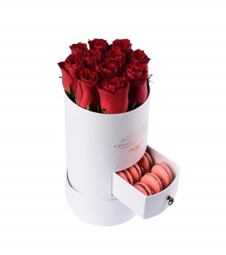 Beyaz Silindir Kutuda Makaron ve Kırmızı Gül-Küçük Silindir Kutuda Çiçek