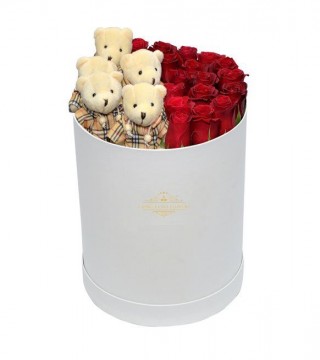Büyük Beyaz Silindir Kutuda Kırmızı Güller Ve Sevimli Ayıcıklar-Büyük Silindir Kutuda Çiçek