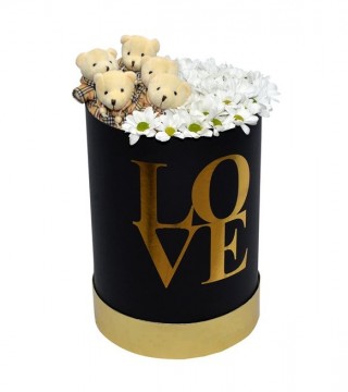Large Love Kutuda Beyaz Papatyalar Ve Sevimli Ayıcıklar-Büyük Silindir Kutuda Çiçek