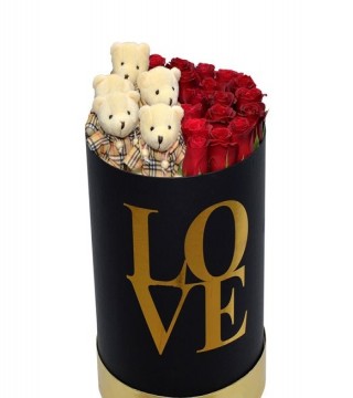 Large Love Kutu Kırmızı Güller Ve Sevimli Ayıcıklar-Büyük Silindir Kutuda Çiçek