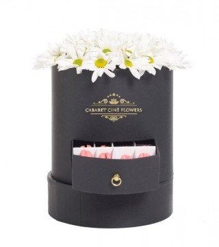 Büyük Boy Çekmeceli Siyah Silindir Kutuda Beyaz Papatyalar Ve Makaronlar-Büyük Silindir Kutuda Çiçek