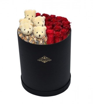 Büyük Siyah Silindir Kutu Kırmızı Güller Ve Sevimli Ayıcıklar-Büyük Silindir Kutuda Çiçek