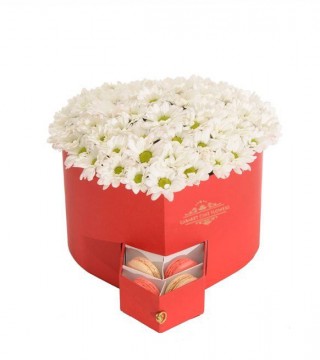 Kırmızı Çekmeceli Kalp Kutuda Beyaz Papatyalar Ve Makaronlar-Kalp Kutuda Çiçek