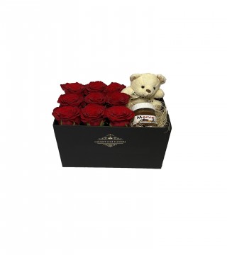 Siyah Kutuda Kırmızı Gül Peluş Ayı ve Kişiye Özel Nutella-Kutuda Çiçek