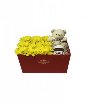 Kırmızı Kutuda Sarı Papatya Peluş Ayı ve Kişiye Özel Nutella-Kutuda Çiçek