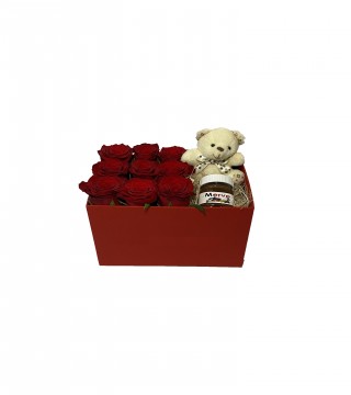 Kırmızı Kutuda Kırmızı Gül Peluş Ayı ve Kişiye Özel Nutella-Kutuda Çiçek