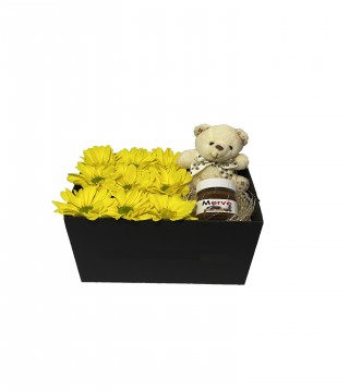 Siyah Kutuda Sarı Papatya Peluş Ayı ve Kişiye Özel Nutella-Kutuda Çiçek
