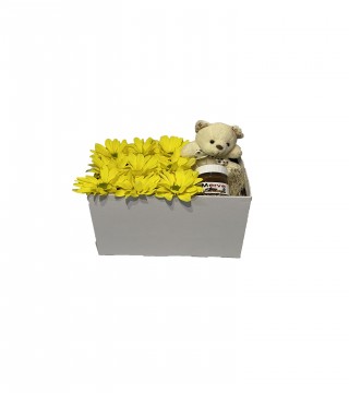 Beyaz Kutuda Sarı Papatya Peluş Ayı ve Kişiye Özel Nutella-Kutuda Çiçek