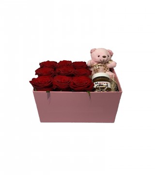 Pembe Kutuda Kırmızı Gül Peluş Ayı ve Kişiye Özel Nutella-Kutuda Çiçek