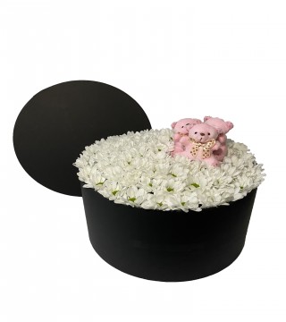 XXL Silindir Kutuda Beyaz Papatya ve Peluş Ayılar-Büyük Silindir Kutuda Çiçek