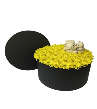 XXL Silindir Kutuda Sarı Papatya ve Peluş Ayılar-Büyük Silindir Kutuda Çiçek