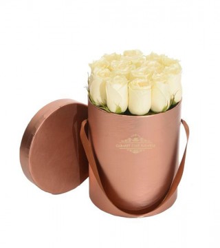 Bakır Rengi Orta Boy Silindir Kutuda Beyaz Güller-Küçük Silindir Kutuda Çiçek