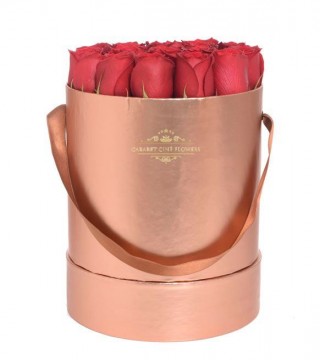 Bakır Rengi Büyük Boy Silindir Kutuda Kırmızı Güller-Büyük Silindir Kutuda Çiçek