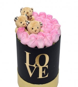 Medium Love Kutu Pembe Güller Ve Sevimli Ayıcıklar-Büyük Silindir Kutuda Çiçek