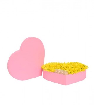 Pembe Kalp Kutuda Sarı Papatyalar Ve Makaronlar-Kalp Kutuda Çiçek