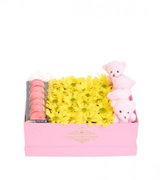 Pembe Kutuda Sarı Papatyalar Peluş Ayıcıklar Ve Makaronlar-Kutuda Çiçek